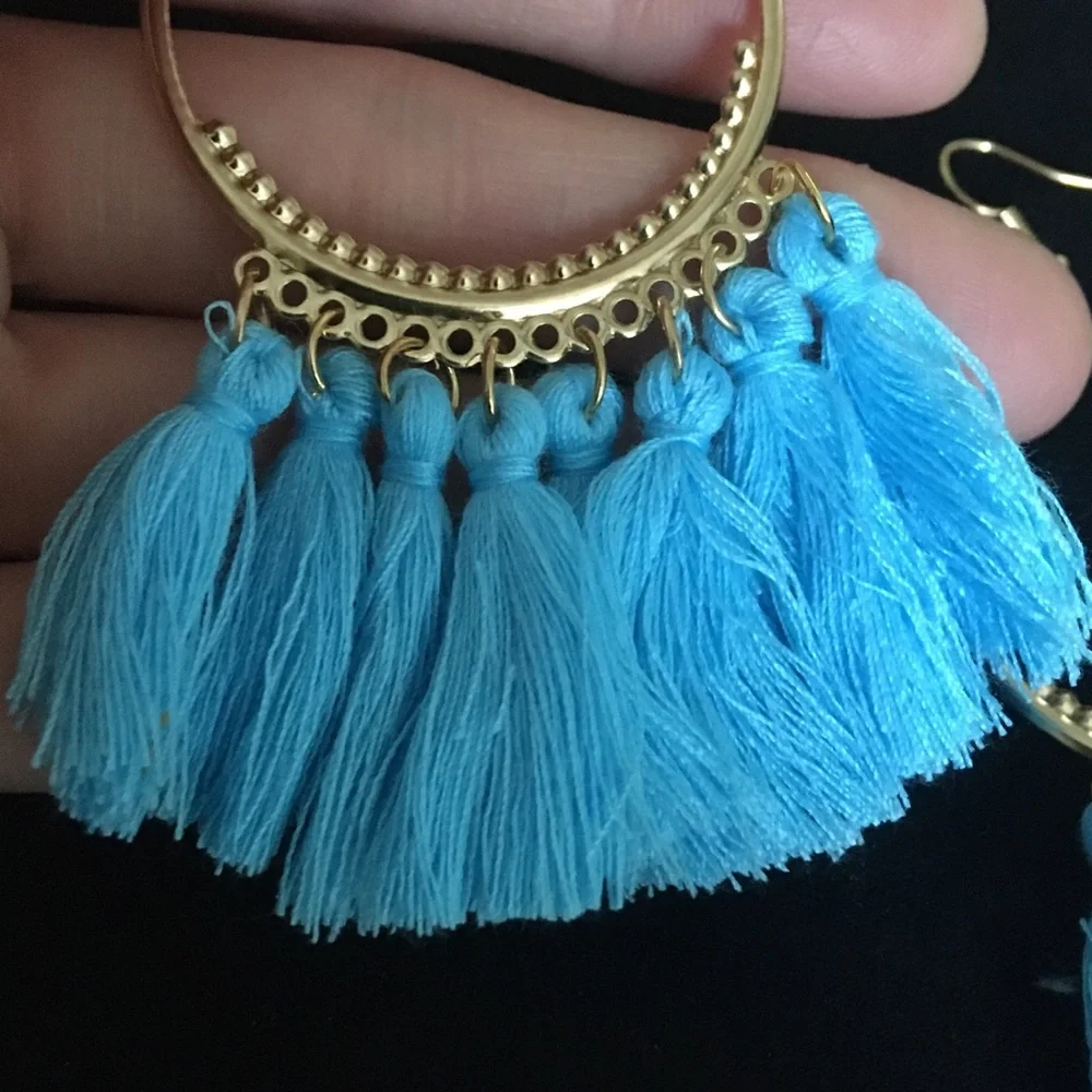 Fan Shaped Blue Tassel Dangle Earrings